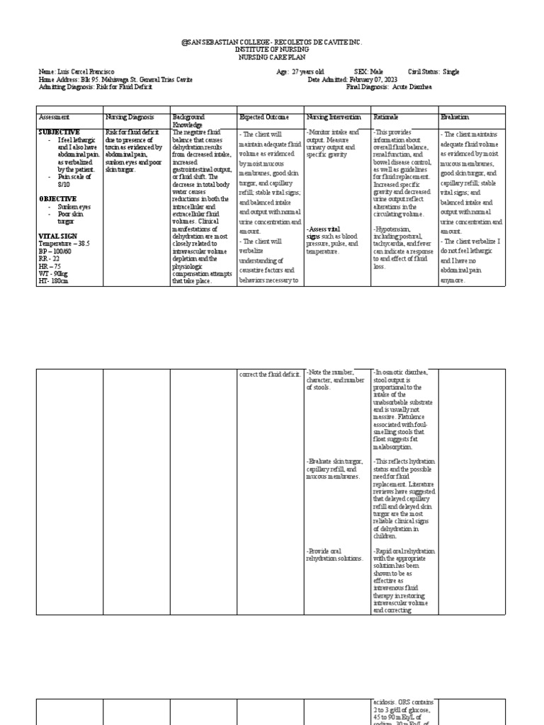Nursing Care Plan Template | PDF | Dehydration | Physiology