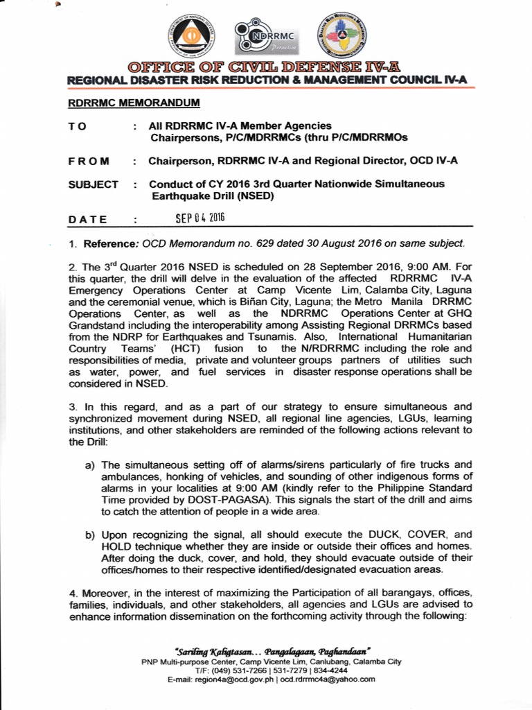RDRRMC IVA Memorandum Re Conduct of 3rd Quarter 2016 NSED PDF