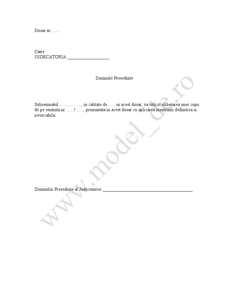 Cerere Eliberare Copie Sentinta Hotarare Judecatoreasca Www Model De Ro