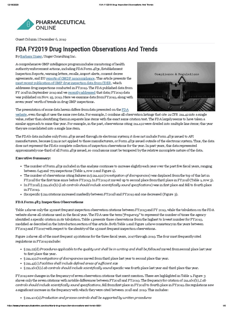 FDA FY2019 Drug Inspection Trends | PDF | Food And Drug Administration