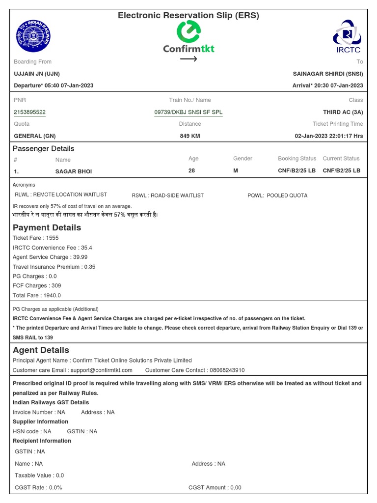 Electronic Reservation Slip Details | PDF | Identity Document