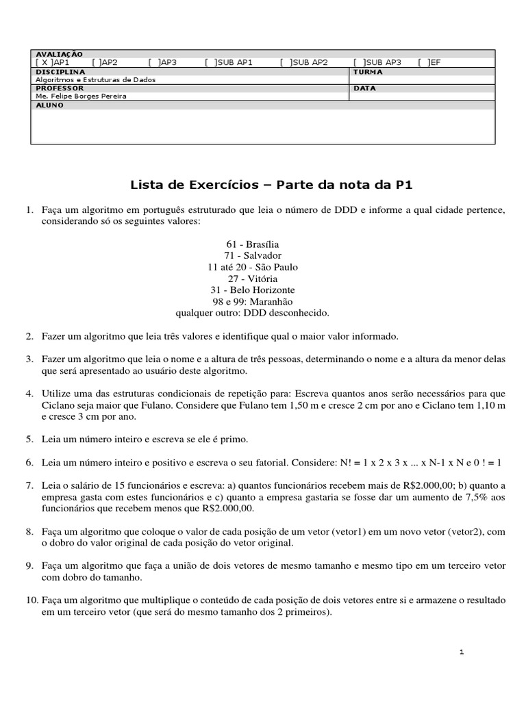 Atividade 2 - P1 - Lista de Exerccios - Algoritmos e Estruturas de ...