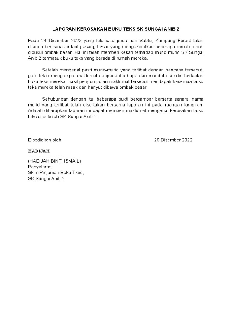 Kerosakan Buku Teks SK Sungai Anib 2 | PDF