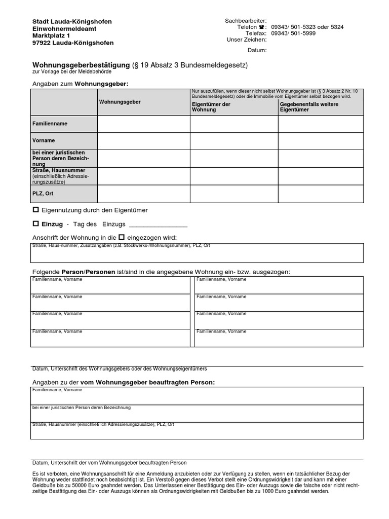 Wohnungsgeberbestätigung ( 19 Absatz 3 Bundesmeldegesetz) PDF