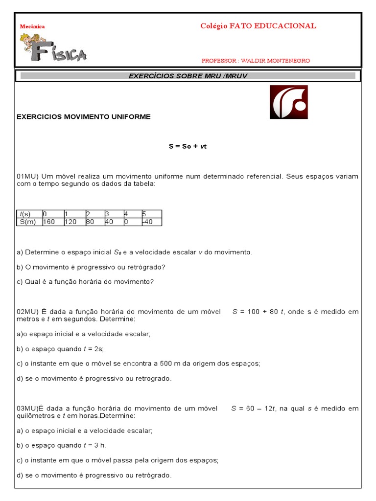 Exercícios sobre Movimento Uniforme e Movimento Uniformemente Variado ...