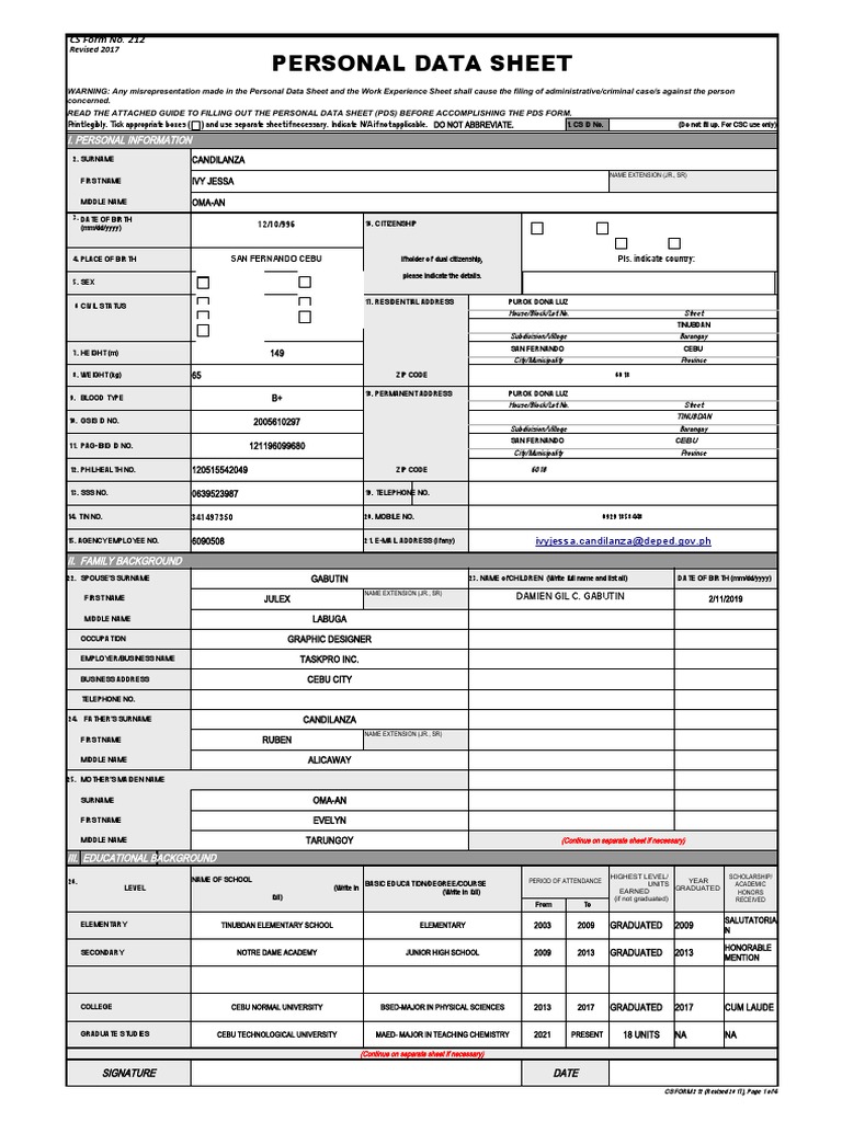CS Form No. 212 Personal Data Sheet revised | PDF