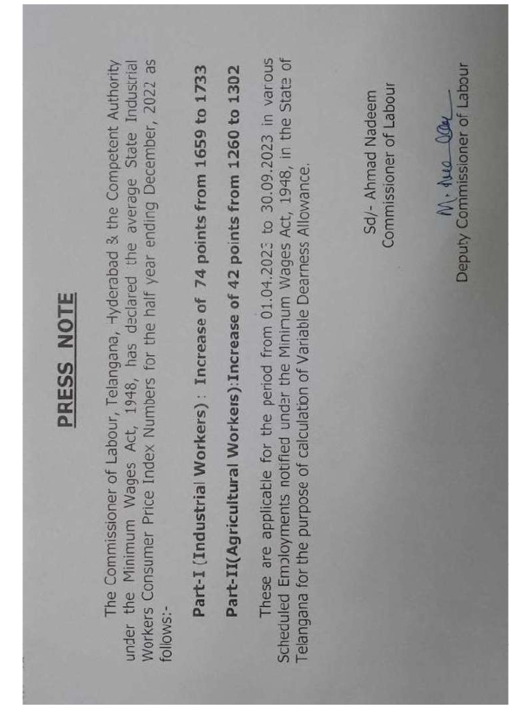 The Telangana Minimum Wages Cpi Notification April 2023 PDF
