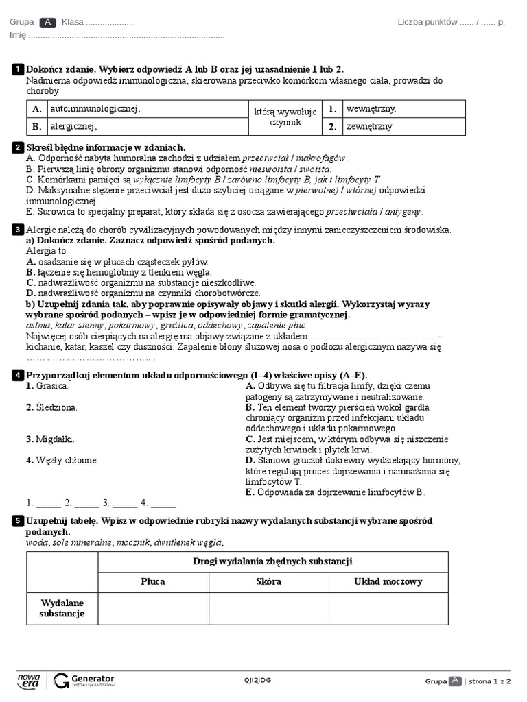 Układ Wydalniczy Test Klasa 7 Układ Odpornościowy I Wydalniczy Test (Bez Widocznej Punktacji) | PDF