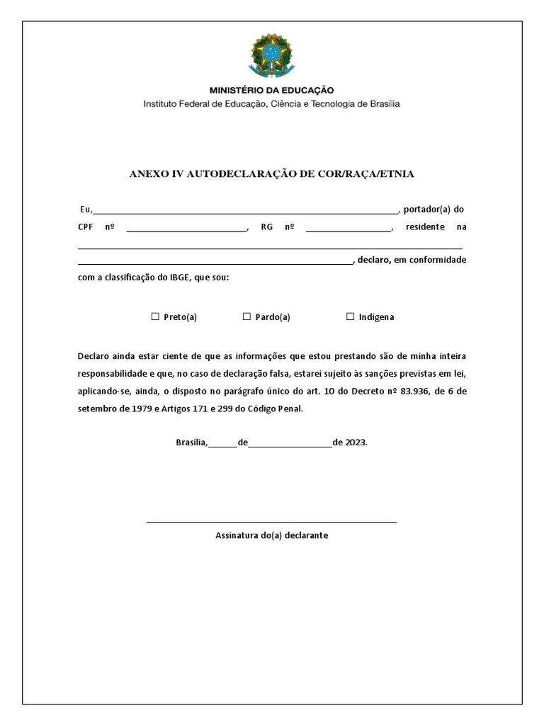 Anexo IV Autodeclaração de Cor - Raça 2023 | PDF