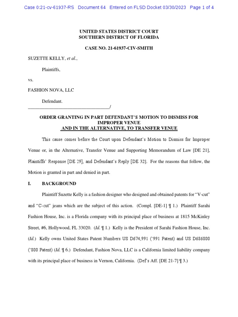 Kelley v. Fashion Nova Order Transferring Venue PDF Lawsuit