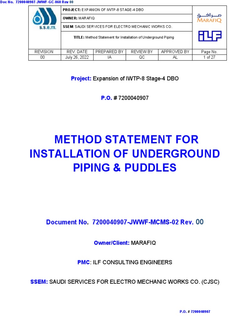 Method Statement For Underground Piping & Puddles Installation PDF