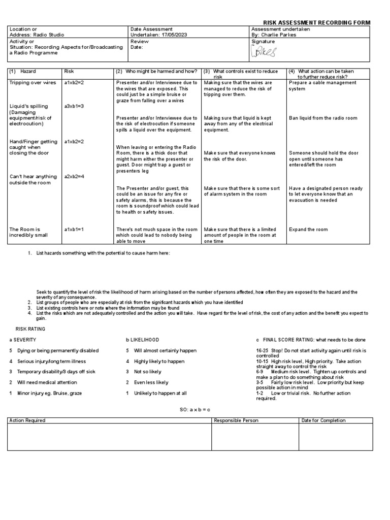 Radio Studio Risk Assessment Report | PDF