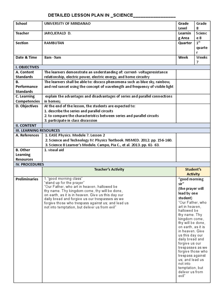 Lesson Plan JARO JERALD 1 1 1 | Download Free PDF | Series And Parallel ...
