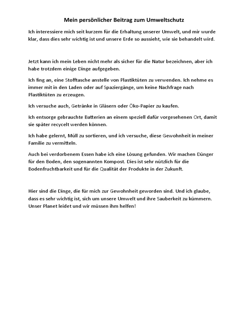 Mein Persönlicher Beitrag Zum Umweltschutz | PDF