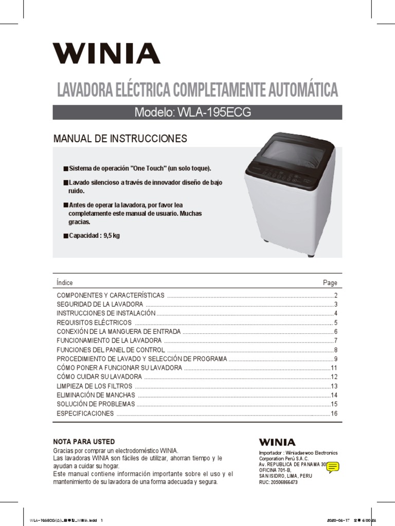 Manual Winia 195ecg PDF Lavadora Enchufes y tomas de corriente alterna