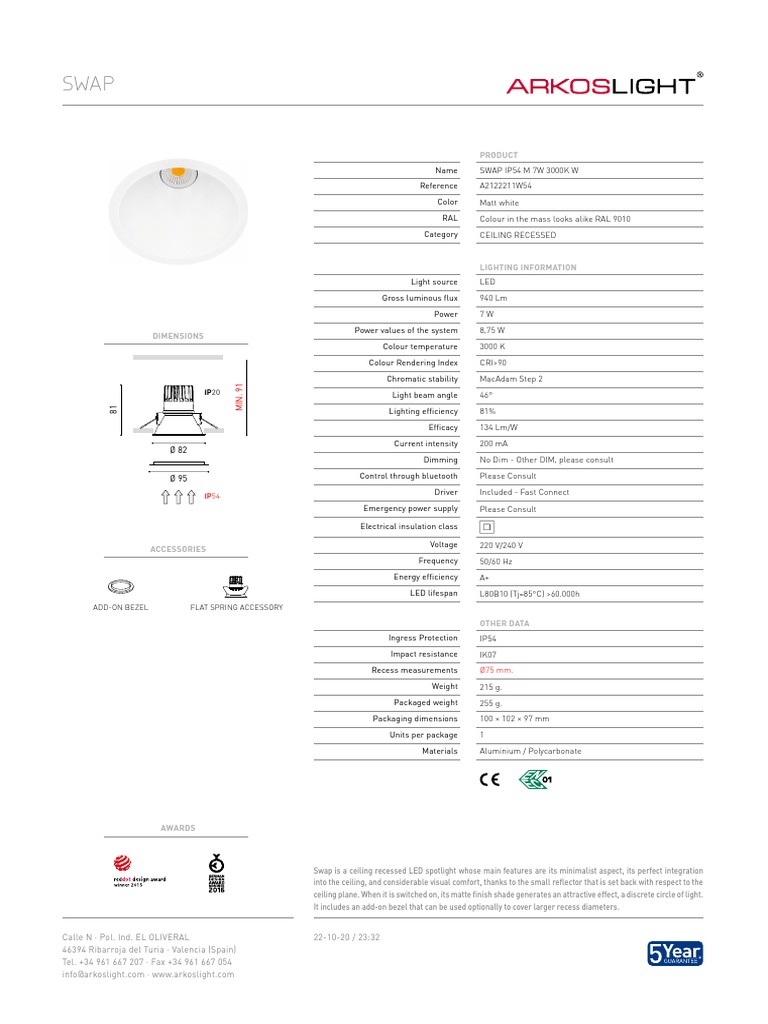 Swap IP54 M 7W 3000K W: Technical Specifications and Accessories for an ...