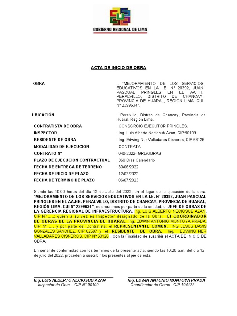 Acta de Inicio de Obra en I.E. N° 20392 | PDF