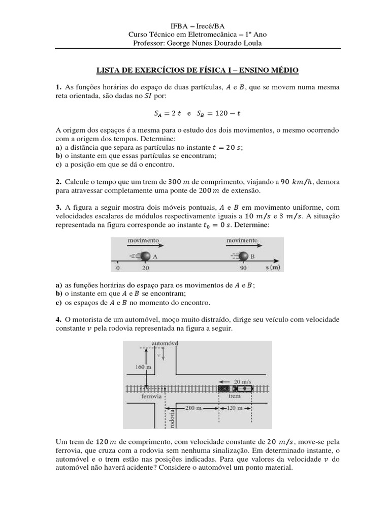 Exercícios de Física para 1º Ano Médio | PDF | Velocidade | Tempo