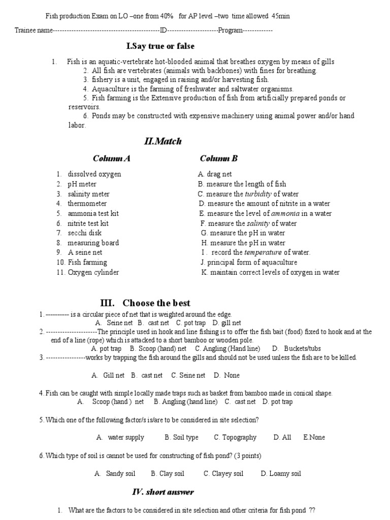 Fish Production Exam Guide | PDF | Fish | Water