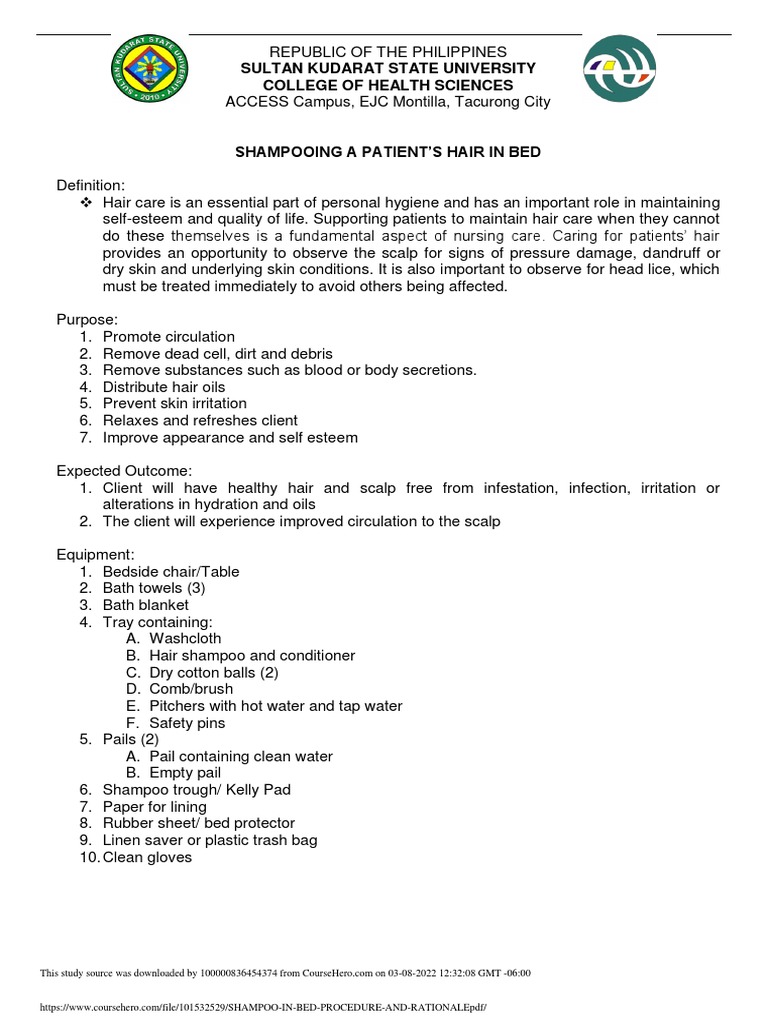 Shampoo in Bed Procedure and Rationale PDF PDF