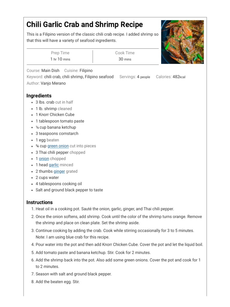 Chili Garlic Crab and Shrimp Recipe - Panlasang Pinoy | PDF