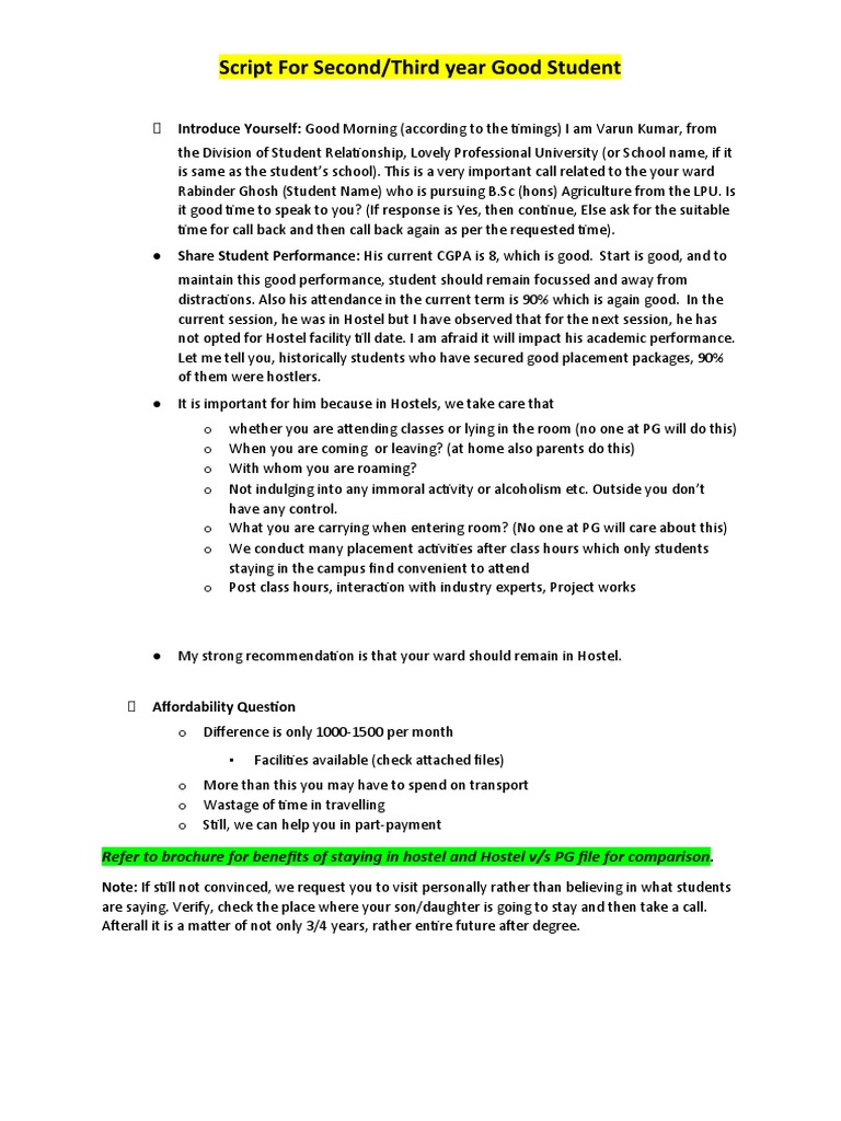 Hostel Follow Up Script | PDF
