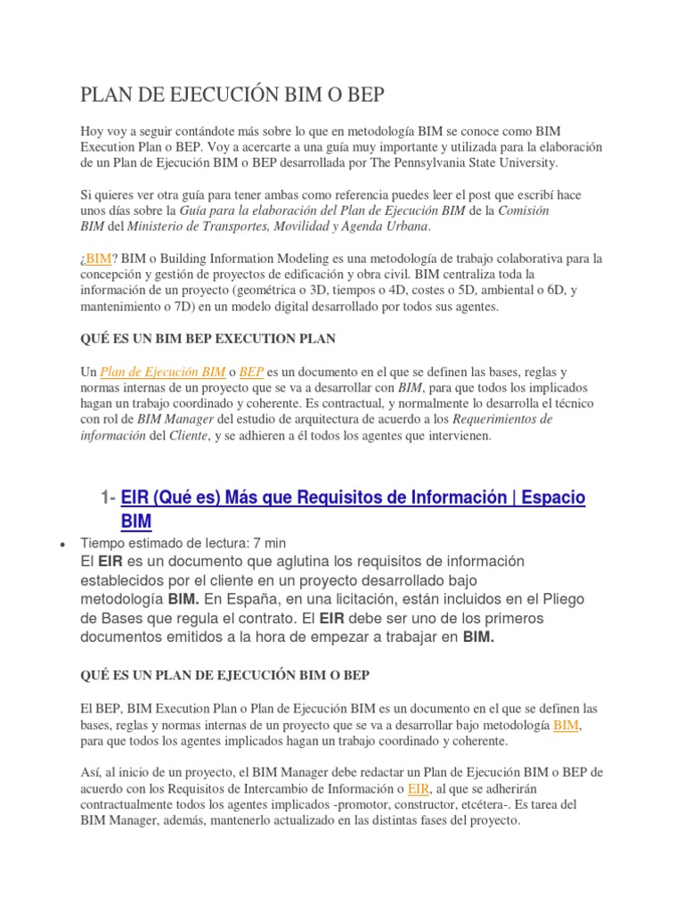 Plan de Ejecución Bim o Bep | PDF | Modelado de información de construcción