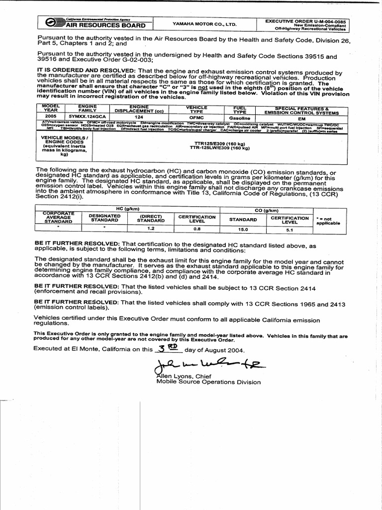 Executive Order UM0040085 Certification of Yamaha Motor Co., Ltd.'s