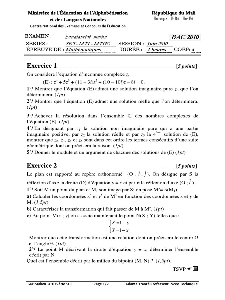 Sujet Bac Malien 2010 Mathématiques | PDF | Nombre complexe | Géométrie