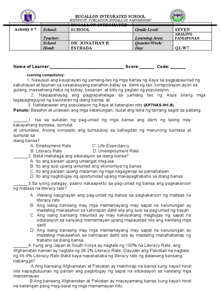 Ap7 Q1 M7 8 W7 8 Activity Sheets Pdf