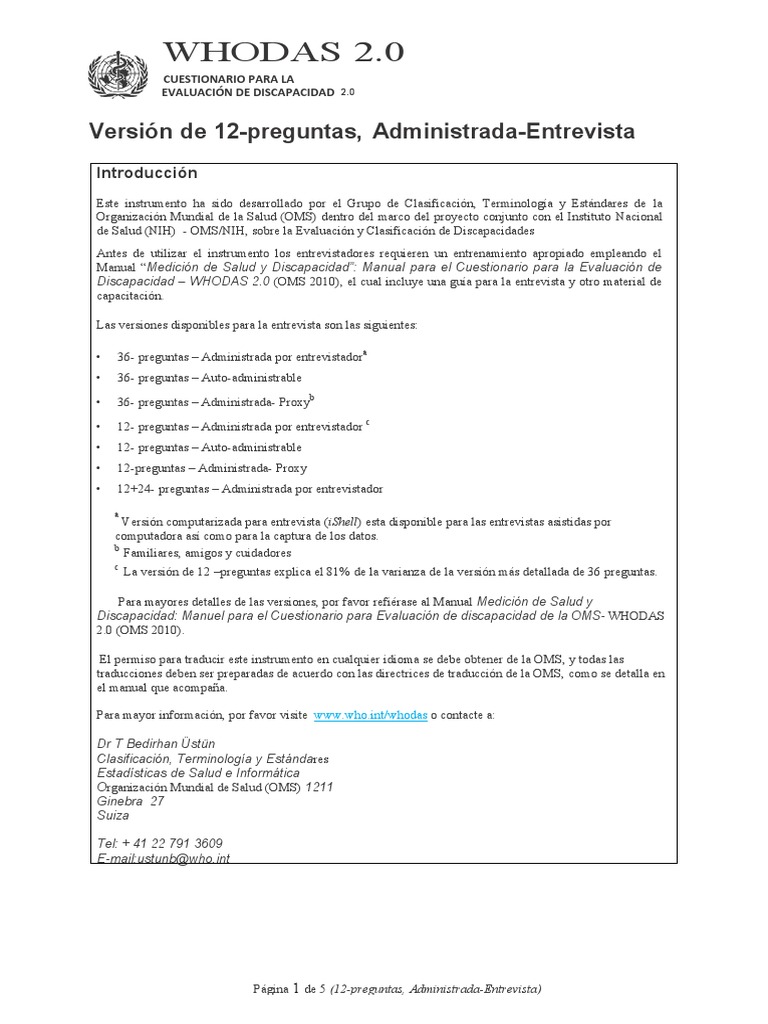 WHODAS 2.0: Cuestionario 12 Preguntas | PDF | Cuestionario | Invalidez