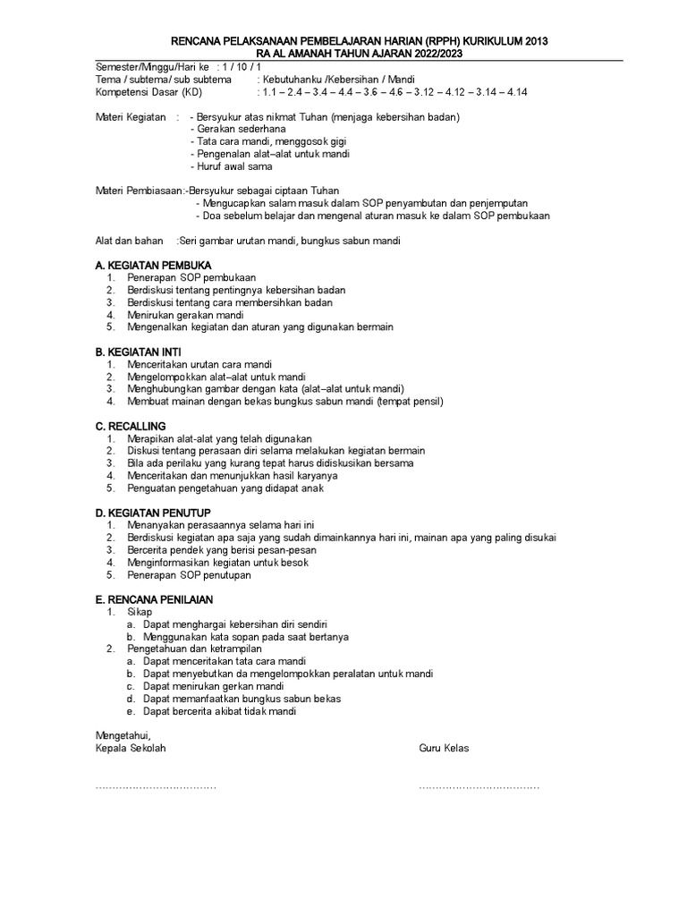 RPPH TK-B SMT1 Minggu - 10 - Kebersihan, Kesehatan, Keamanan | PDF ...