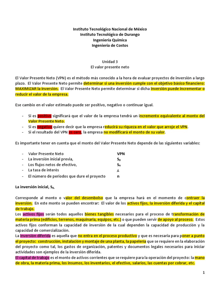 Cálculo y Análisis del Valor Presente Neto | PDF | Valor presente neto ...
