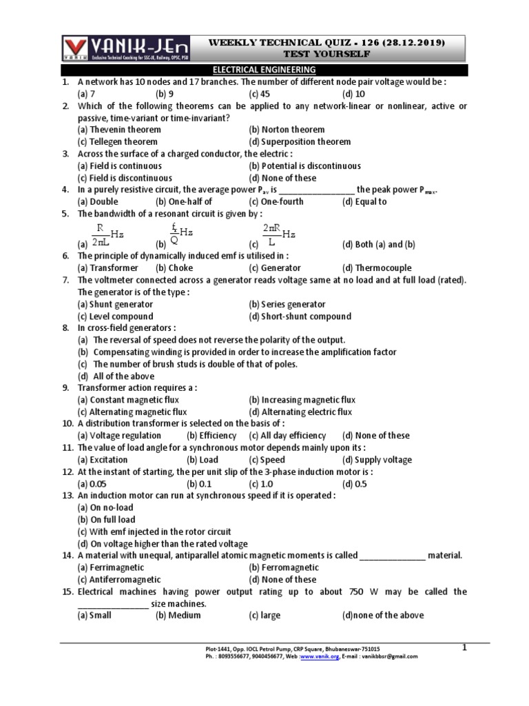 1875 Weekly Tech Quiz 126 28 12 19 PDF Electric Motor Transformer