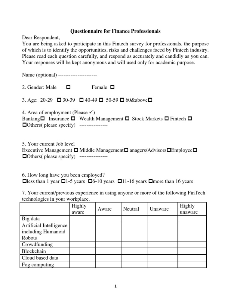 Questionnaire for Finance Professionals FINAL Copy PDF Economies