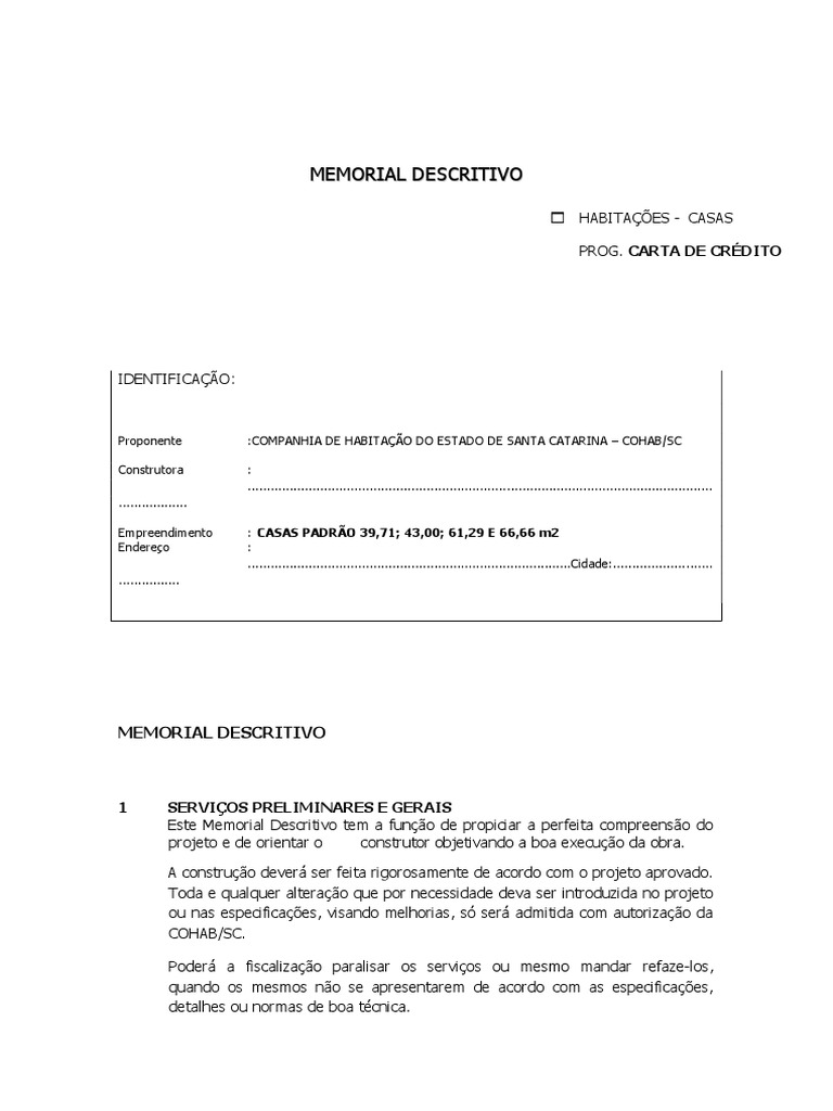 Memorial Descritivo de Construção de Casas | PDF