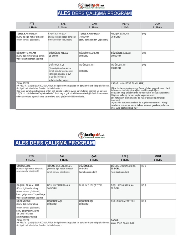 Ales Ders çalışma Programı Pdf