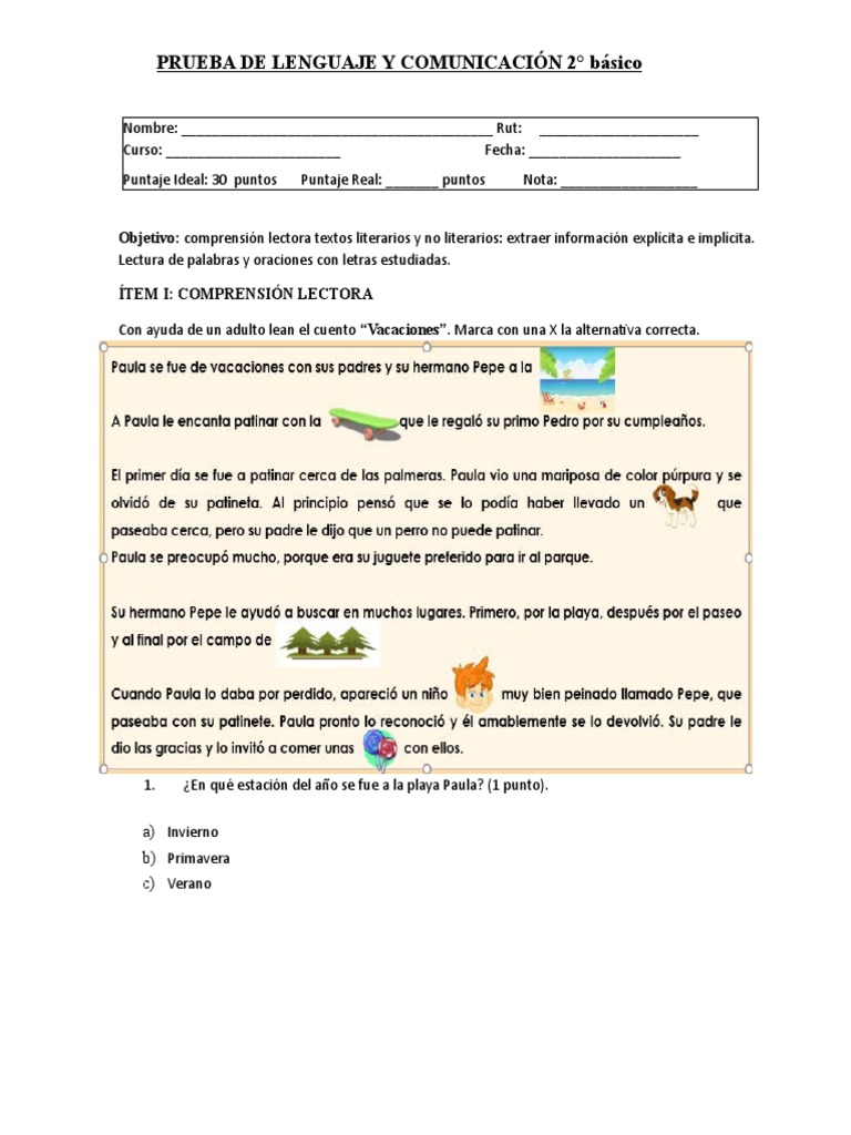 PRUEBA DE LENGUAJE Y COMUNICACIÓN 2° Básico | PDF