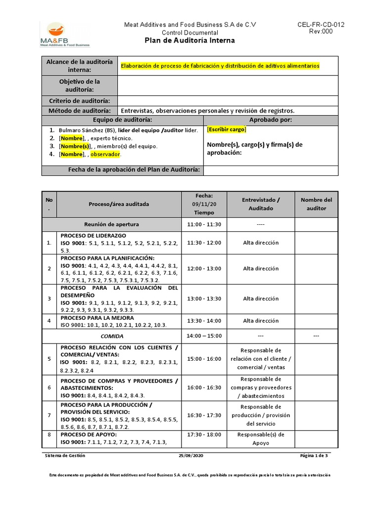 CEL-FR-CD-012 Plan - de Auditoria - Interna | PDF