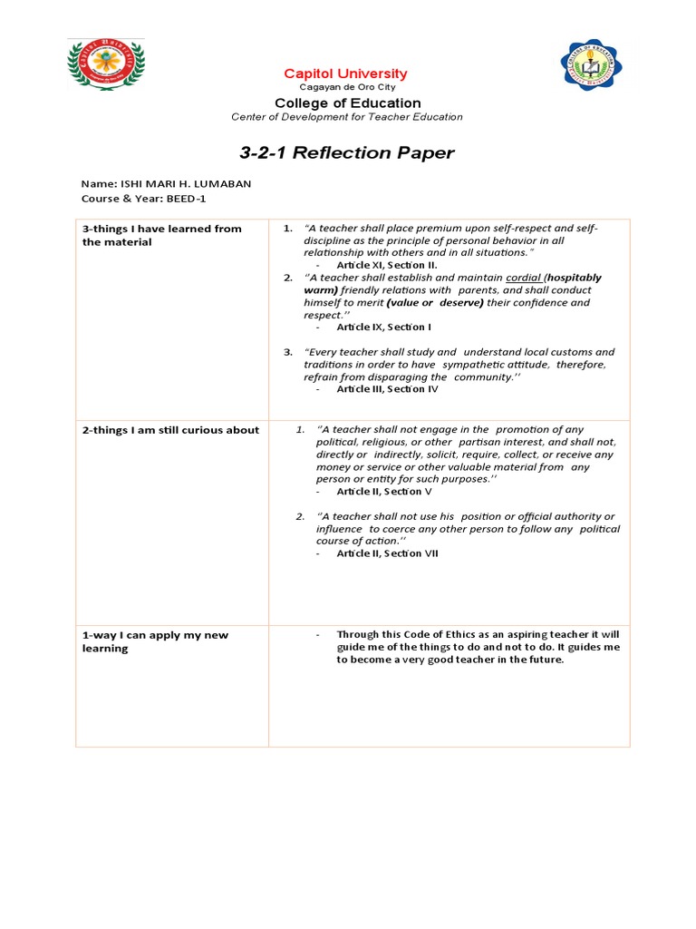 3-2-1 Reflection on Teacher Ethics | PDF | Teachers | Cognitive Science