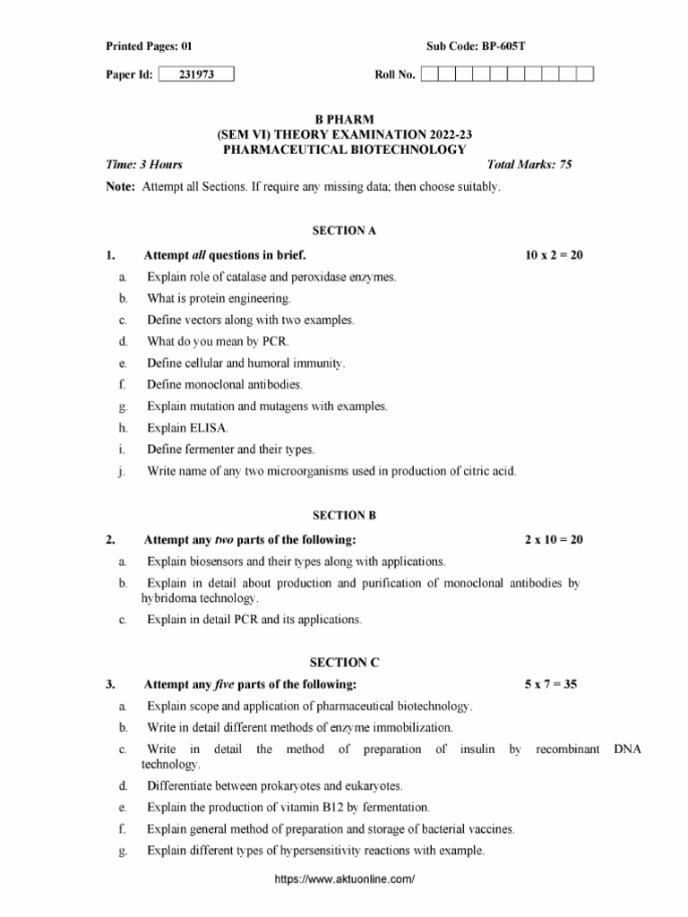 Bpharm 6 Sem Pharmaceutical Biotechnology BP 605t 2023 | PDF