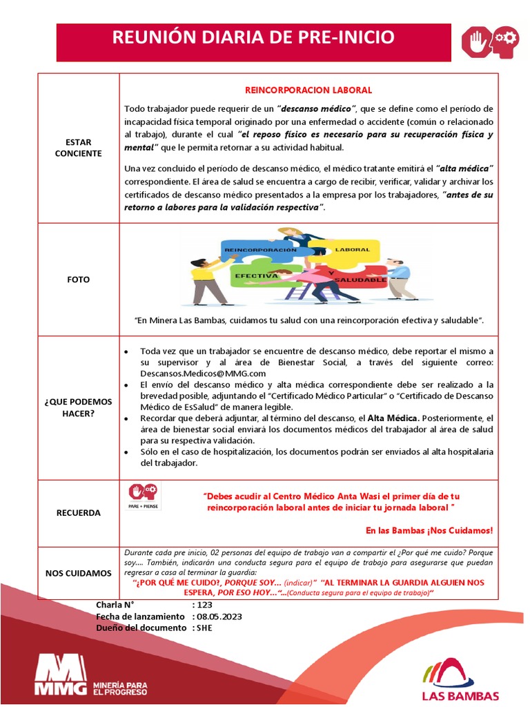 Charla de Preinicio - SST - Reincorporación Laboral MLB | PDF ...