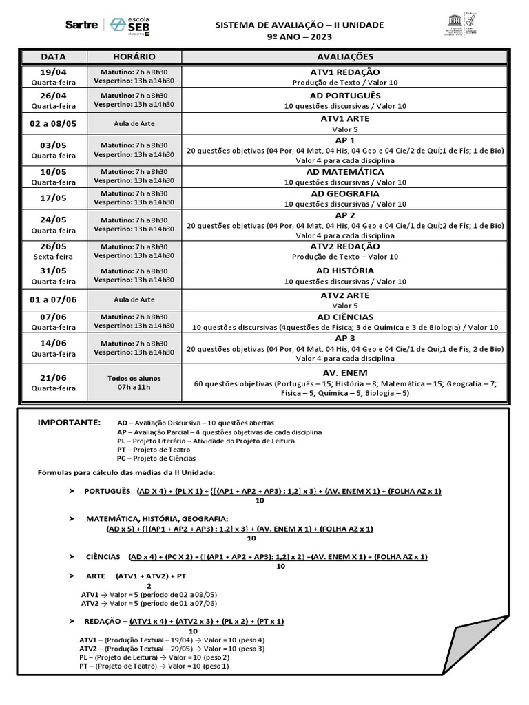 Sistema+de+Avalia%c3%87%c3%83o+9%c2%Ba+Ano+ +II+Unidade+ +Aluno | PDF