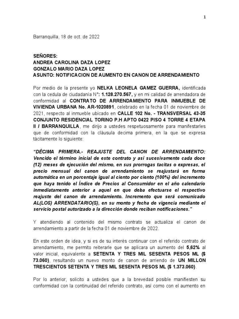 NOTIFICACION DE AUMENTO EN CANON DE ARRENDAMIENTO PDF