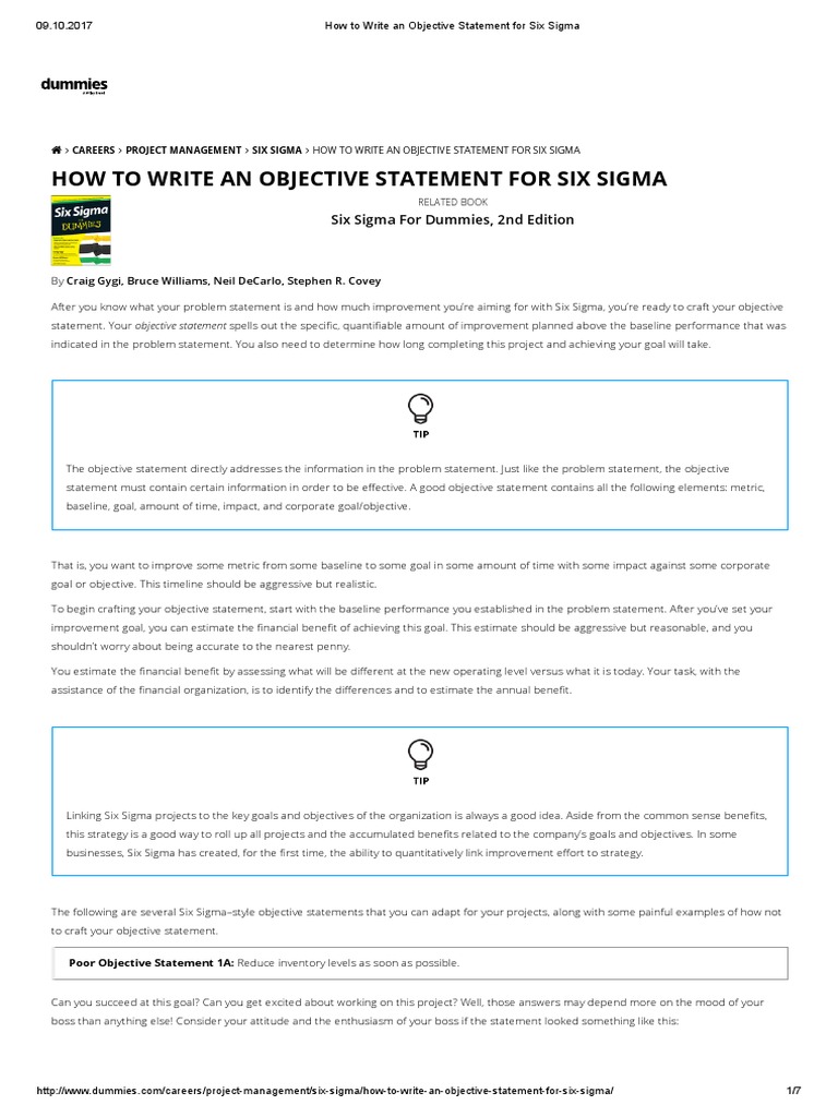 Crafting Six Sigma Objective Statements | PDF | Six Sigma | Performance ...