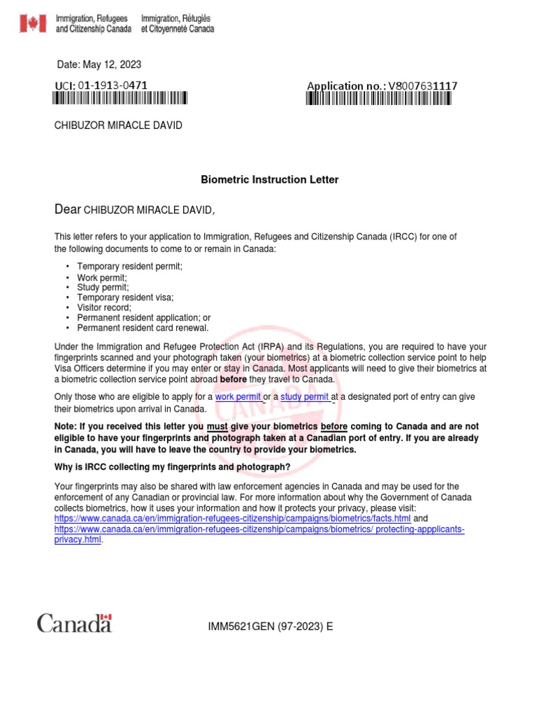 Chibuzor Miracle Davids Biometrics Instruction Letter PDF Government Immigration Law