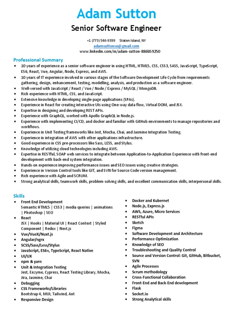 Adam Sutton: Senior Software Engineer Resume | PDF | Java Script | Ajax ...