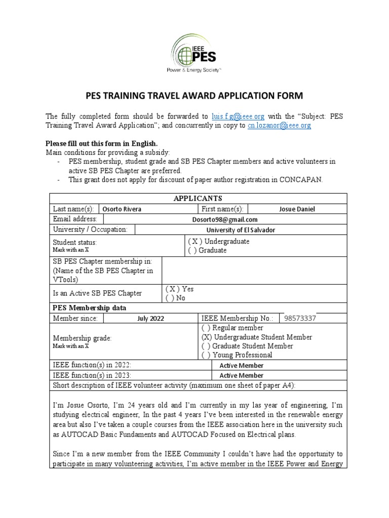 2022 PES Trainning Travel Application Form PDF