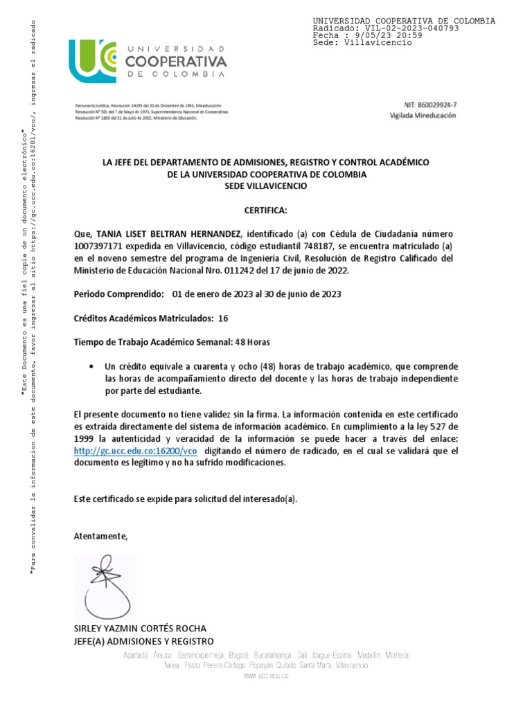 Certificado de Matrícula UCC Villavicencio | PDF