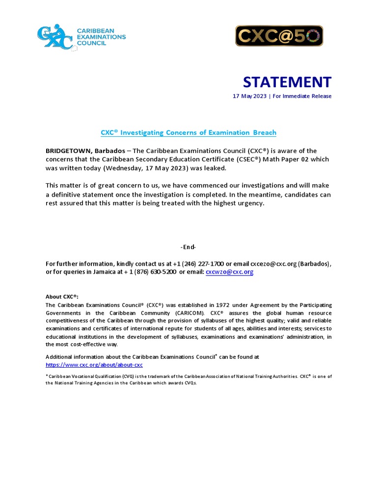 Pr cxc investigating concerns of examination breach pdf